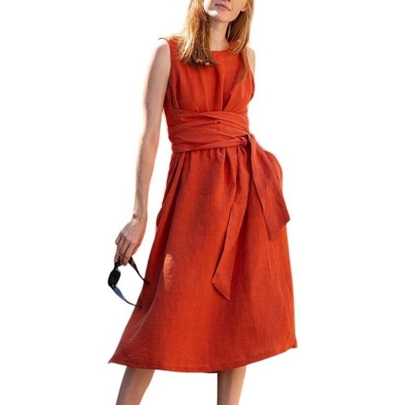 Menique Dresses & Skirts - menique 100% Linen Hailey Sleeveless Obi Wrap Midi Dress Belted Red Small Pocket